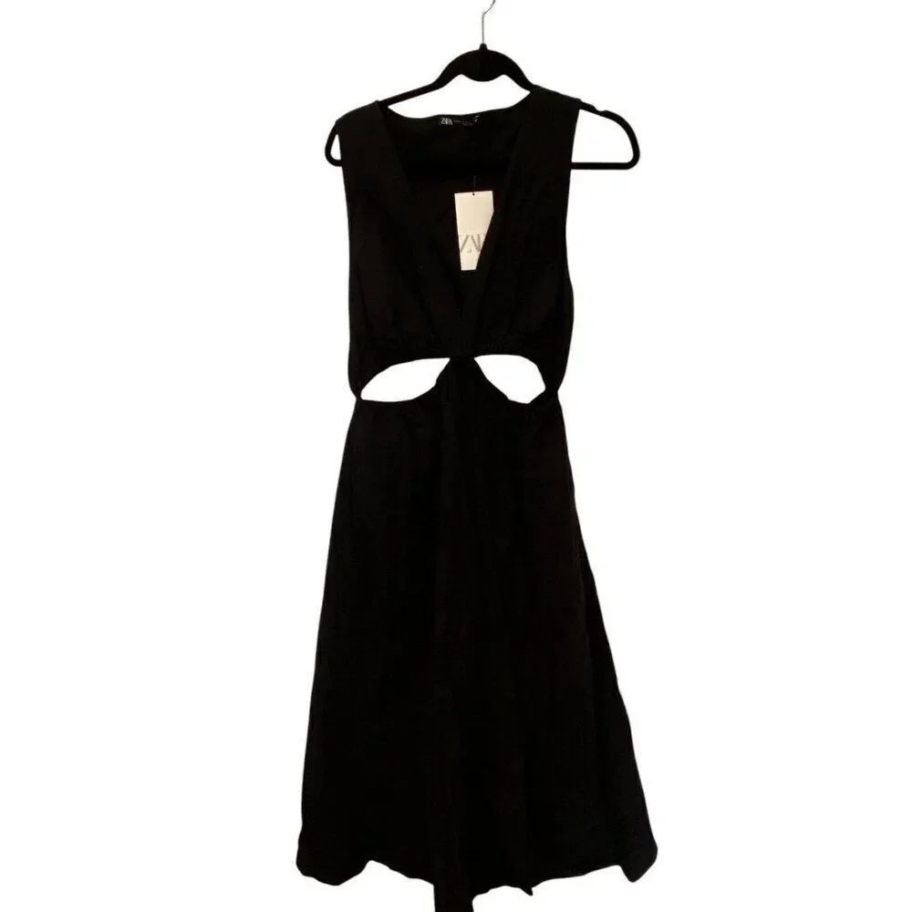 Zara Womens Cut Out Fit & Flare Dress XXL 2XL Black Midi Vneck 3152/274 NWT